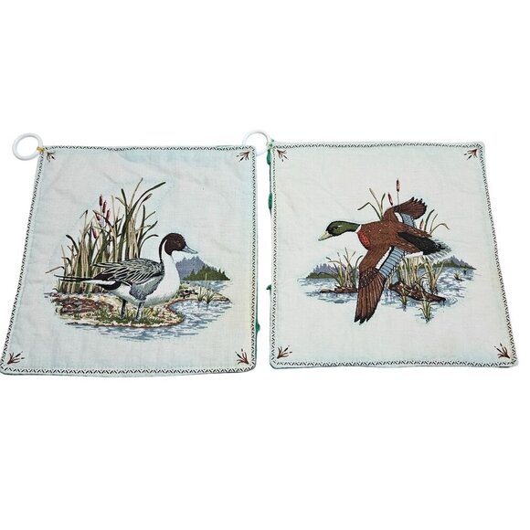 Vintage Duck Print Cotton Pot Holders Set Of 2 Hanging Loops Homemade 80s 90s‎ - Picture 1 of 8